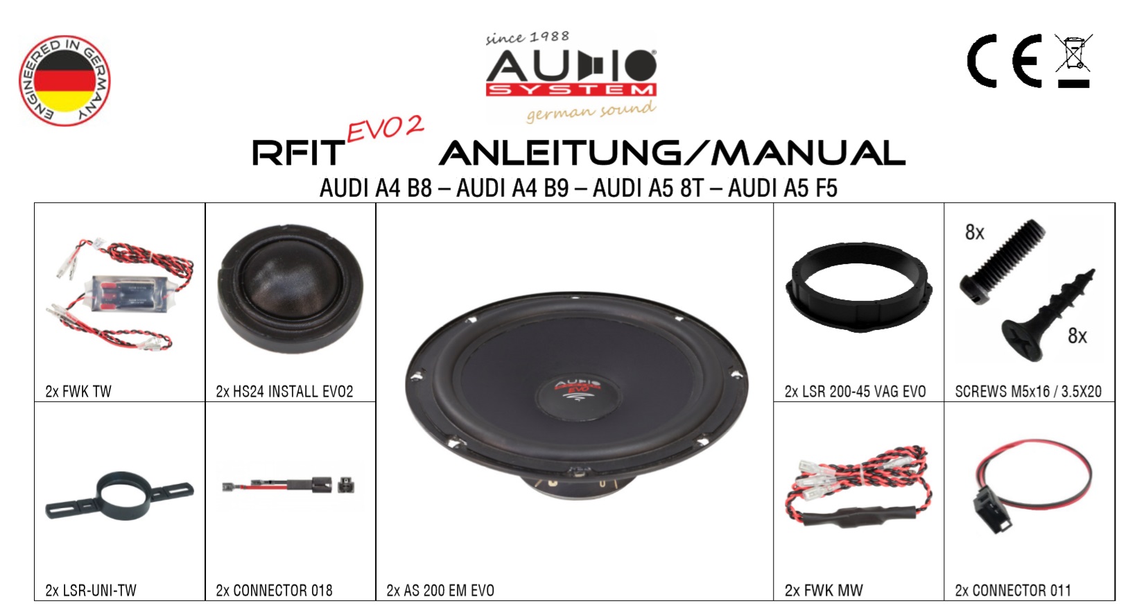 AUDIO SYSTEM RFIT AUDI A4 B8 EVO2 Lautsprecher 20 cm SET für AUDI A4 B8 2007>